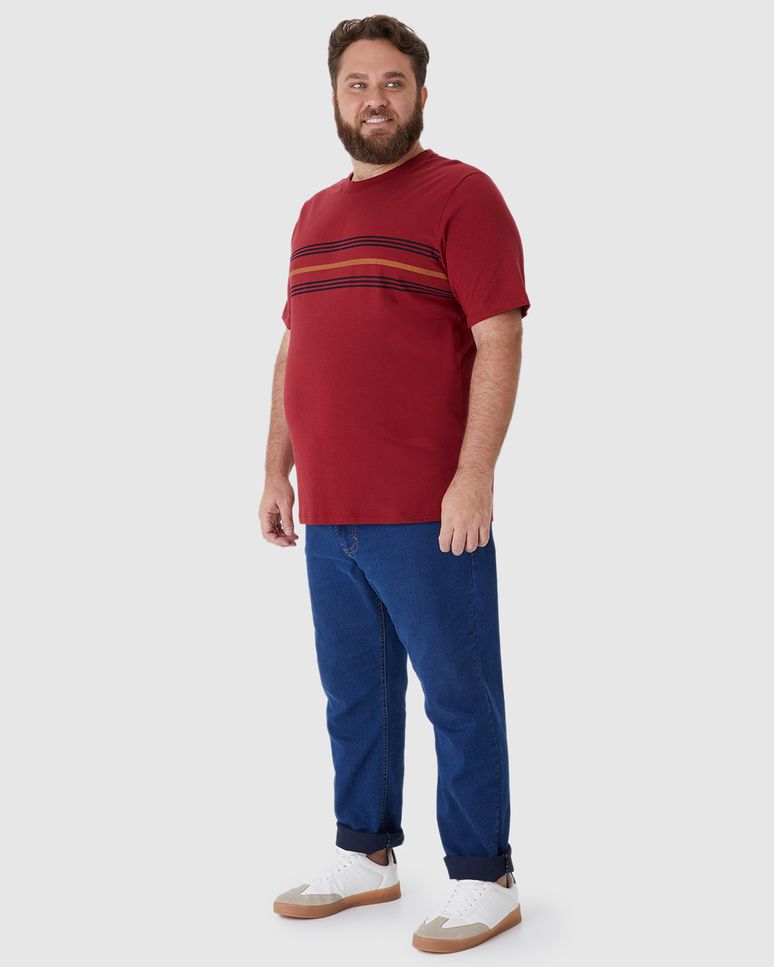 Camiseta Masculina Plus Size Estampa Listras Frontais Em Algodão