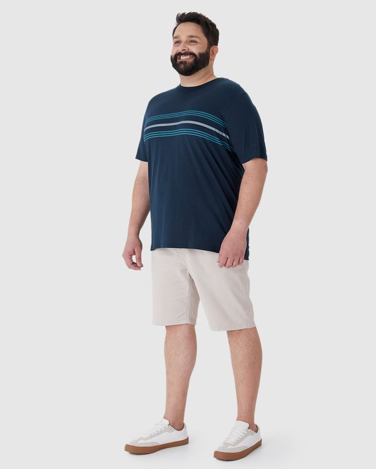 Camiseta Masculina Plus Size Estampa Listras Frontais Em Algodão