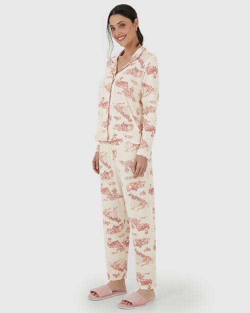 Pijama Longo Feminino Americano Estampado Em Viscose Stretch