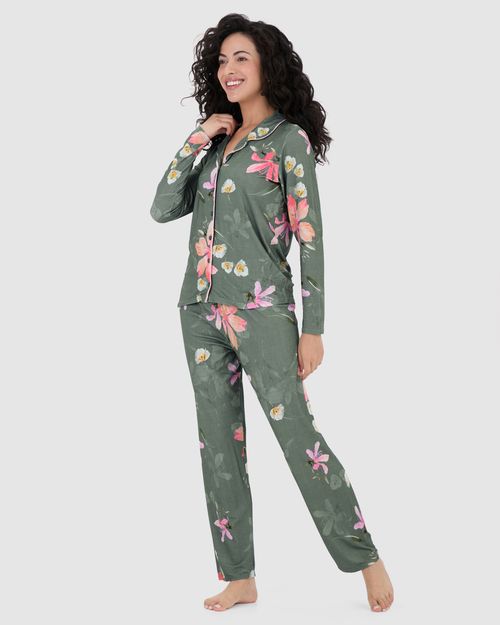 Pijama Longo Feminino Americano Estampado Em Viscose Stretch