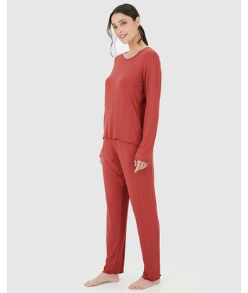 Pijama Longo Feminino Blusa Manga Longa Em Malha Canelada De Viscose