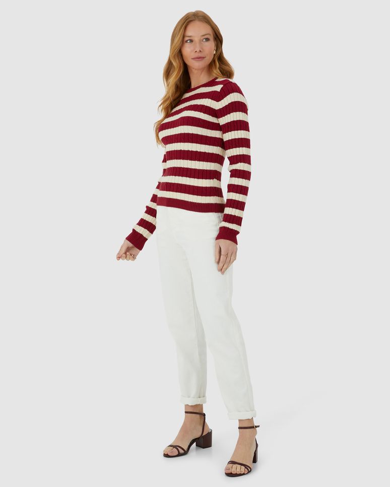 Suéter Feminino Listrado Manga Longa Em Tricô