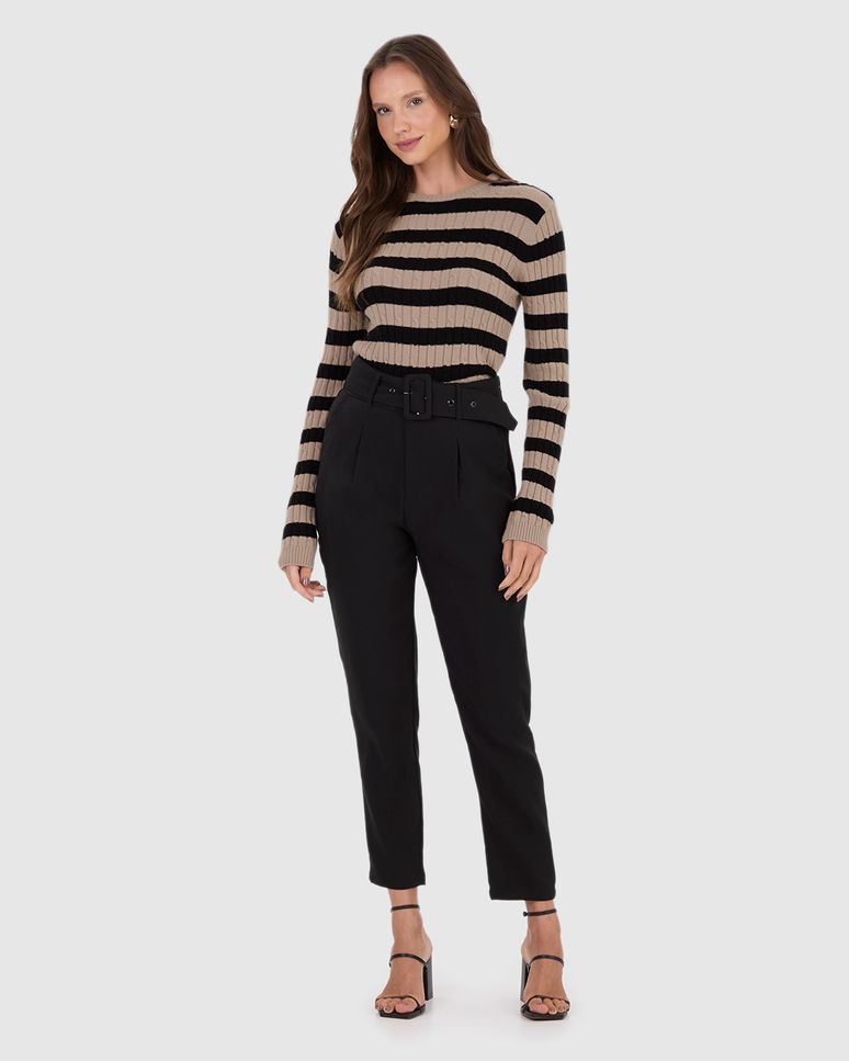 Suéter Feminino Listrado Manga Longa Em Tricô