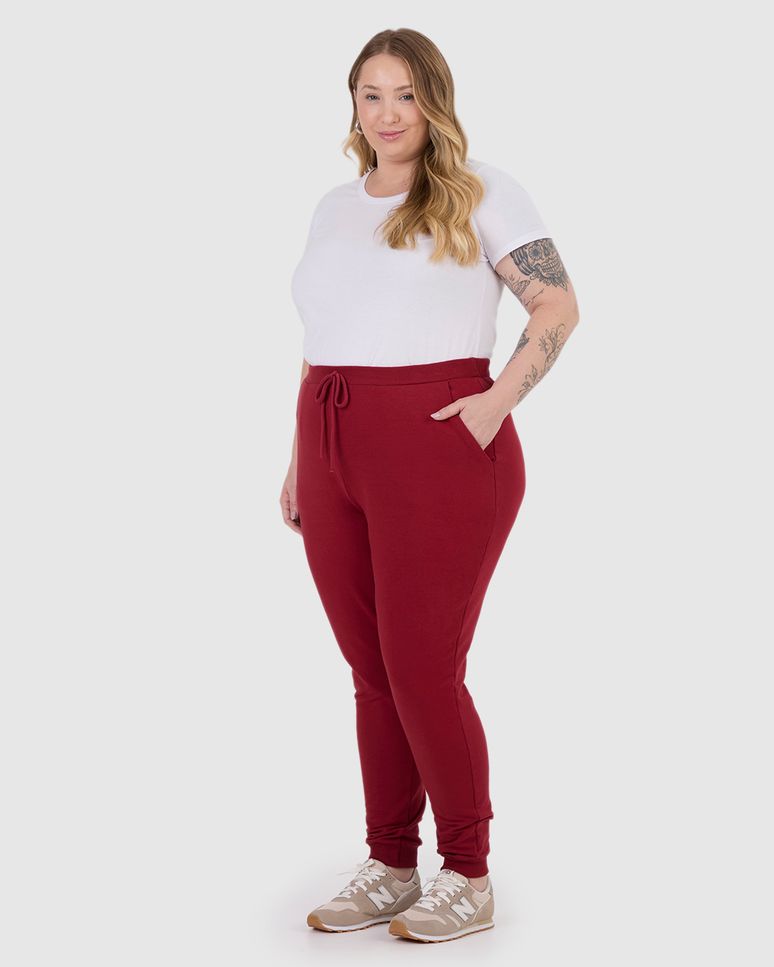 Calça Básica Feminina Plus Size Jogger Em Moletom Stretch Flanelado