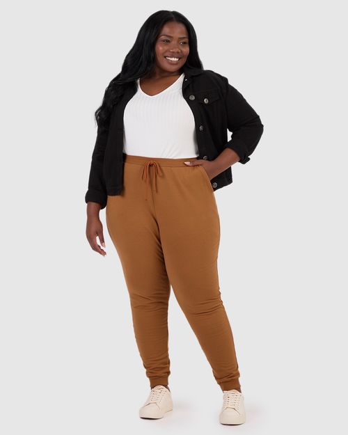 Calça Básica Feminina Plus Size Jogger Em Moletom Stretch Flanelado