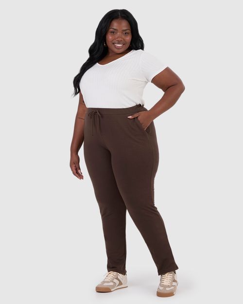 Calça Básica Feminina Plus Size Em Moletom Stretch Flanelado