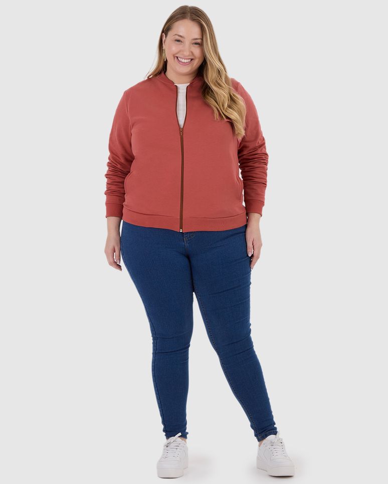Jaqueta Básica Feminina Plus Size Gola Canelada Em Moletom Flanelado