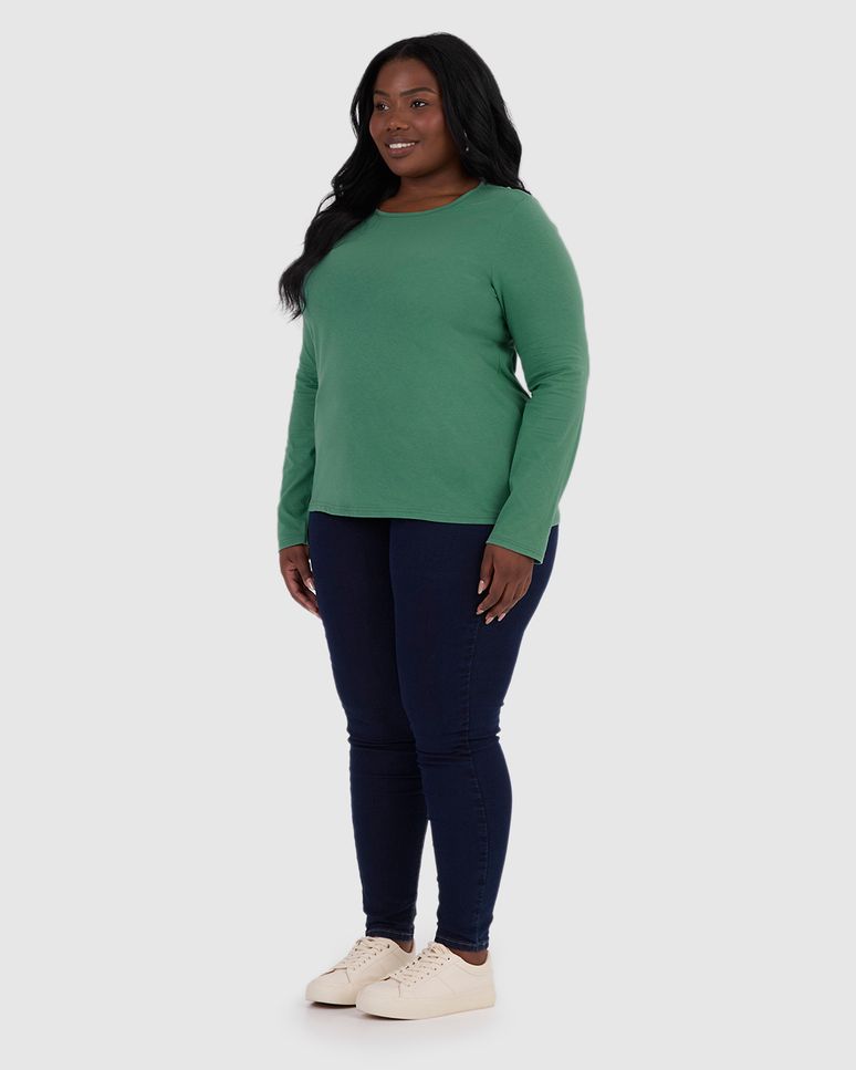 Blusa Básica Feminina Plus Size Manga Longa Em Algodão