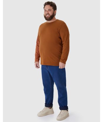 Camiseta Básica Masculina Plus Size Manga Longa Em Algodão