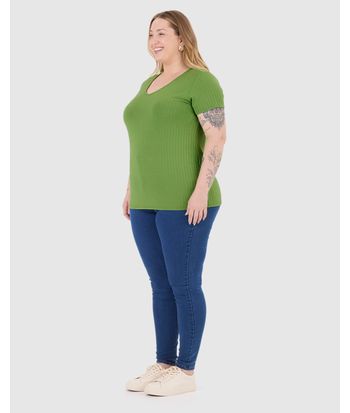 Blusa Básica Feminina Plus Size Decote V Em Canelado De Viscose