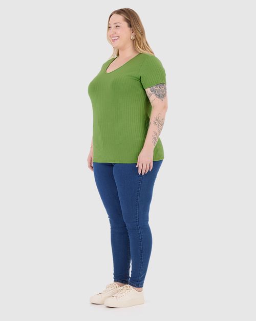Blusa Básica Feminina Plus Size Decote V Em Canelado De Viscose