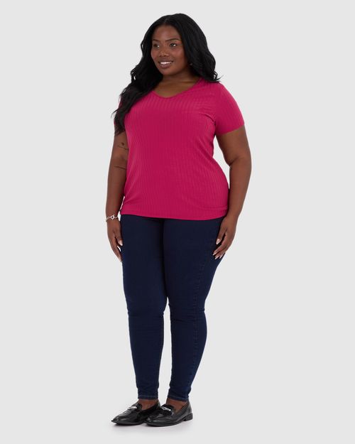 Blusa Básica Feminina Plus Size Decote V Em Canelado De Viscose
