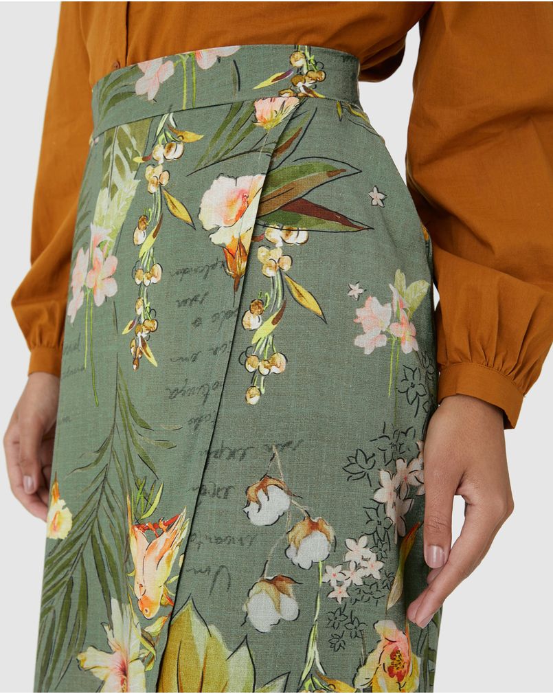 Saia Midi Feminina Assimétrica Em Viscolinho Texturizado VERDE