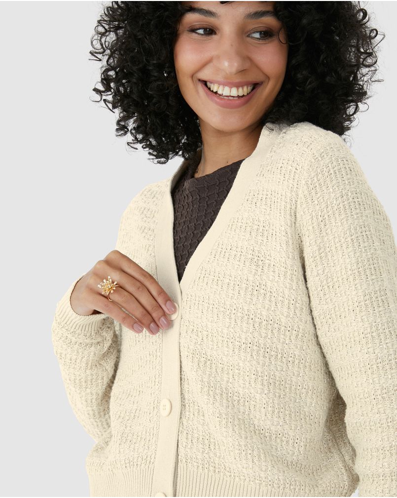 Cardigan Cropped Feminino Botões Frontais Em Tricô OFF WHITE - Malwee