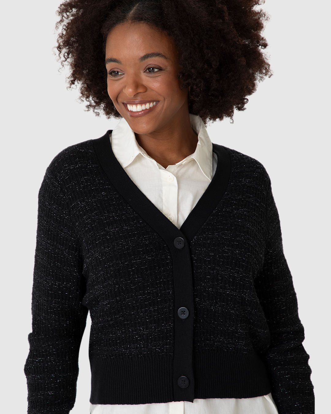 Cardigan Cropped Feminino Botões Frontais Em Tricô PRETO - Malwee