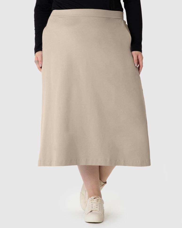 Saia Midi Feminina Plus Size Evasê Bolso Faca Em Moletom Stretch