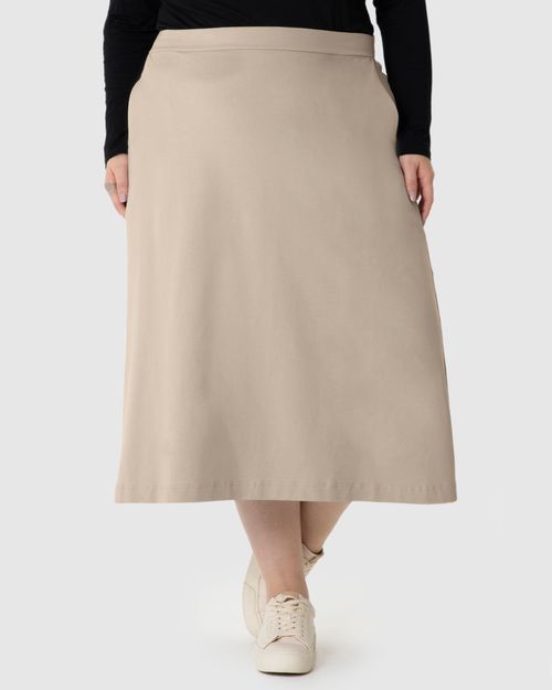 Saia Midi Feminina Plus Size Evasê Bolso Faca Em Moletom Stretch
