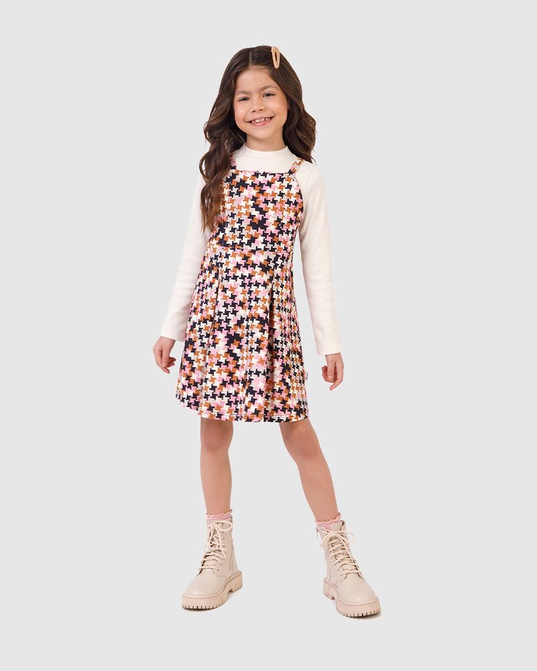 Conjunto Infantil Menina Blusa E Vestido Estampado Pied De Poule Malwee Kids