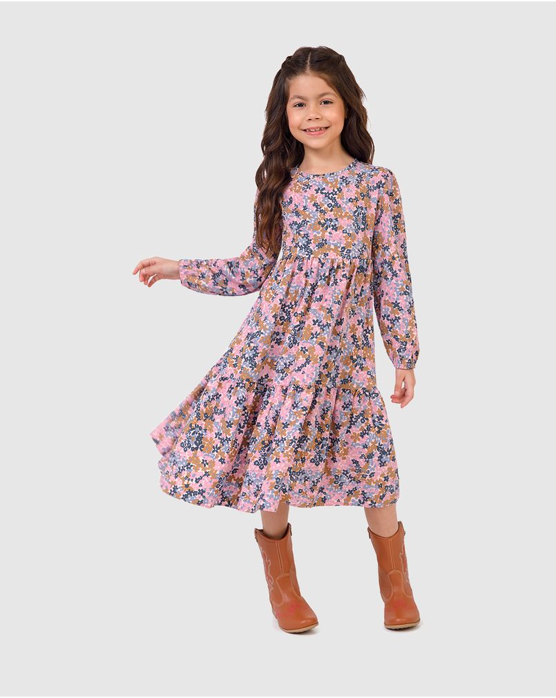 Vestido Infantil Marias Manga Longa Floral Em Viscose Malwee Kids
