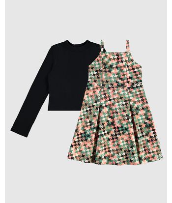 Conjunto Infantil Menina Blusa E Vestido Estampado Pied De Poule Malwee Kids