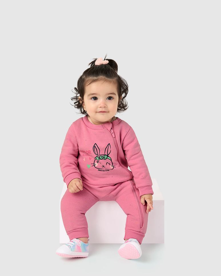 Macacão Infantil Menina Abertura Zíper Frontal Em Moletom Botonê Malwee Kids